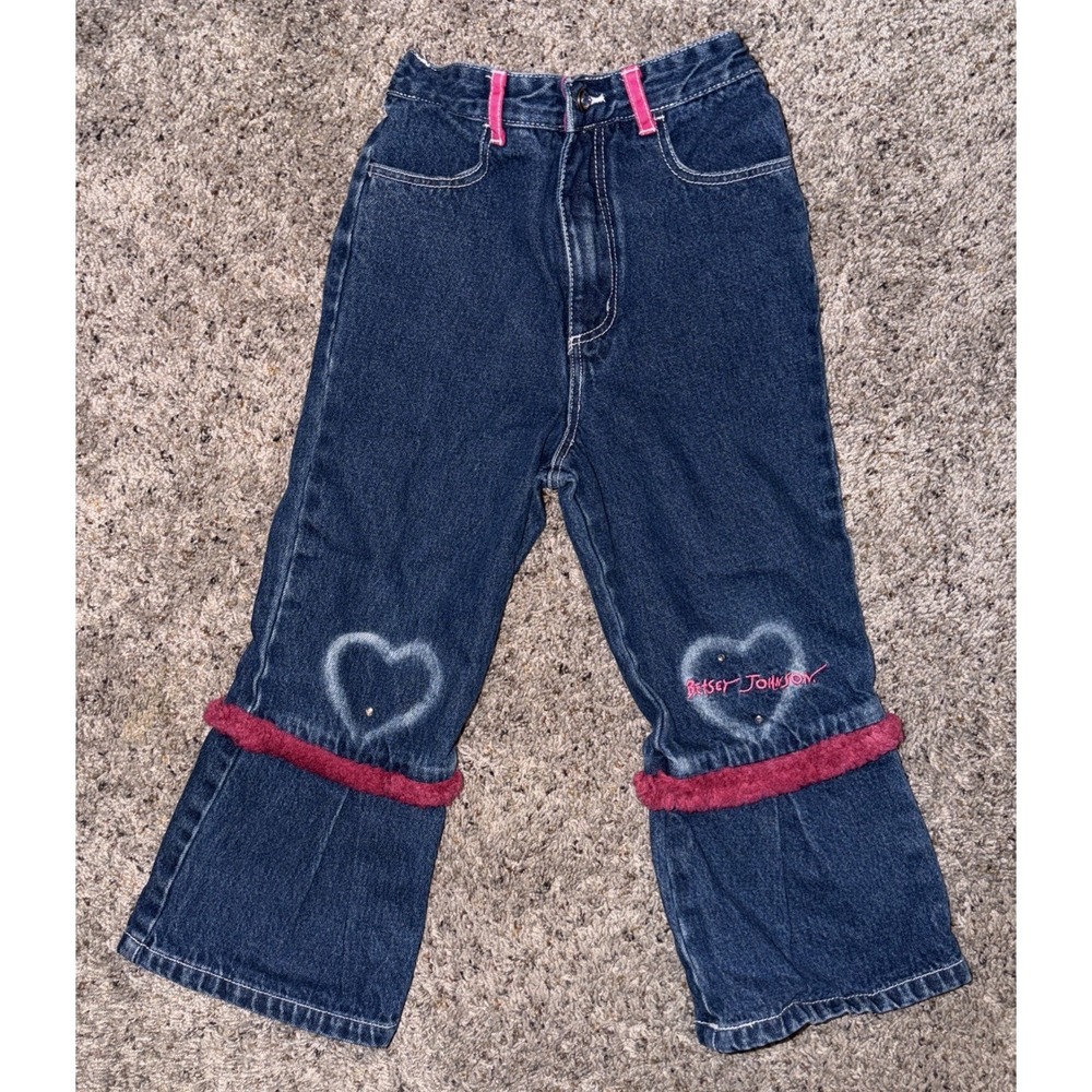 Vintage Y2K Betsey Johnson Girls 4T Jeans Pink Fuzzy Heart Rhinestone Flare
